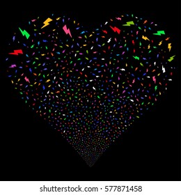Electric Strike fireworks with heart shape. Vector illustration style is flat bright multicolored iconic symbols on a black background. Object heart organized from confetti pictograms.