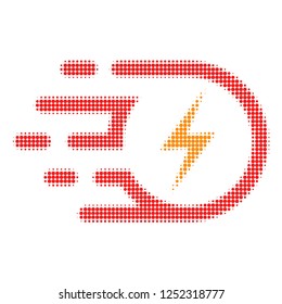 Electric strike halftone dotted icon with fast speed effect. Vector illustration of electric strike designed for modern abstraction with symbols of speed, rush, progress, energy.