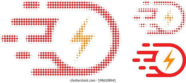 Icono de medio tono de ataque eléctrico. La matriz de semitono contiene puntos redondos. Ilustración vectorial del icono de ataque eléctrico en un fondo blanco.