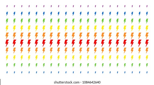 Electric Strike icon rainbow colored halftone pattern. Vector shapes organized into halftone grid with vertical spectral gradient. Constructed for backgrounds, covers, templates and abstract effects.