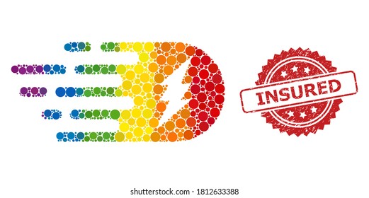 Electric strike mosaic icon of spheric dots in various sizes and LGBT colored color hues, and Insured grunge rosette stamp seal. A dotted LGBT-colored Electric strike for lesbians, gays, transgenders,