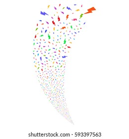 Electric Strike random fireworks stream. Vector illustration style is flat bright multicolored iconic symbols on a white background. Object fountain combined from scattered symbols.