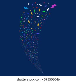 Electric Strike random fireworks stream. Vector illustration style is flat bright multicolored iconic symbols on a blue background. Object fountain constructed from scattered design elements.
