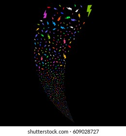Electric Strike random fireworks stream. Vector illustration style is flat bright multicolored iconic symbols on a black background. Object fountain made from scattered icons.