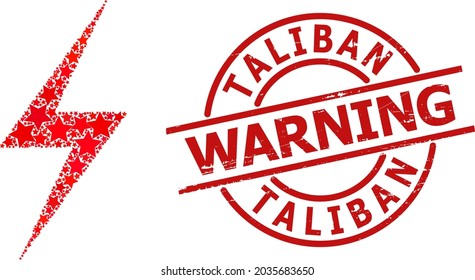 Electric strike star mosaic and grunge Taliban Warning seal. Red seal with corroded style and Taliban Warning caption inside circle.