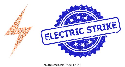 Electric Strike textured stamp and vector recursion collage electric strike. Blue stamp seal contains Electric Strike tag inside rosette.
