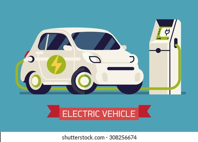 Veículo elétrico subcompacto carregando conceito legal visual | Carregamento de microcarro pequeno e eficiente em processo | Ilustração plana fofa e moderna em transporte ecológico