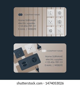 Electric supplies set of business cards vector illustration. Black and white plugs and electrical outlet. Icon of device for connecting electrical appliances, equipment. Plugs and socket.