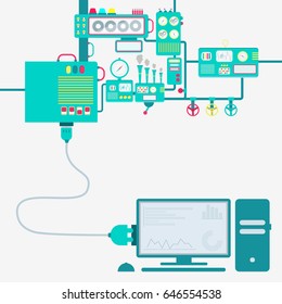 Electric supply of a desktop with graphic interface. Computer connected to a machine. Machinery producing electrical energy.