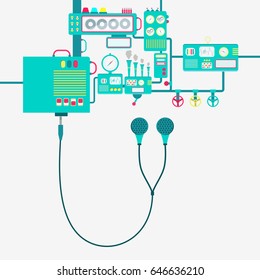 Electric supply of a earphone. Earphone connected to a machine. Machinery producing electrical energy.