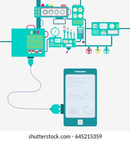 Electric supply of a phone with graphic interface.Phone connected to a machine. Machinery producing electrical energy.
