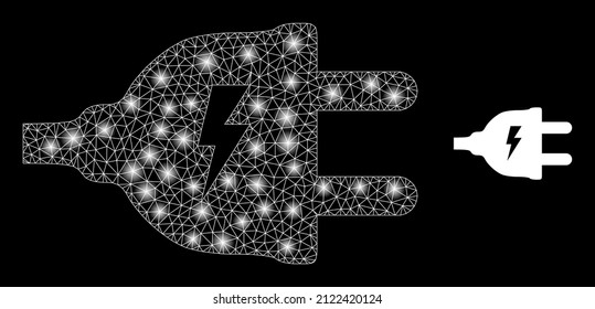 Icono de enchufe de suministro eléctrico y estructura de enchufe de red eléctrica de malla de constelación con manchas mágicas. Constelación iluminada generada a partir del icono vectorial de enchufe eléctrico y malla triangulada.