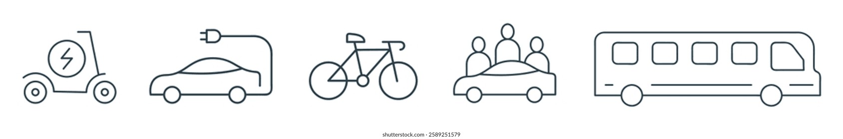 Electric and Sustainable Transportation line Icon set. Vector Illustration of Eco-Friendly Travel, Featuring Scooter, Car, Bike, Ride-Sharing, and Public Transit Symbols in Outline style