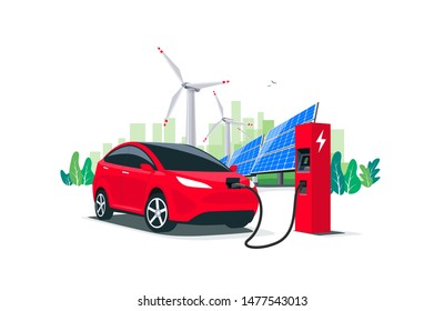 Electric suv car charging at the charger station with a young man holding the cable. Renewable energy wind turbines and solar panels city skyline in background. Isolated vector illustration concept. 