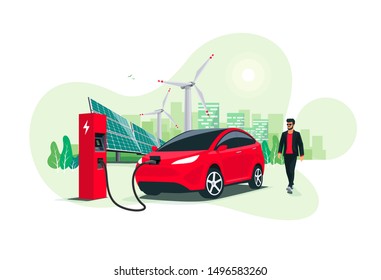 Electric suv car charging at the charger station with a young man approaching. Renewable energy wind turbines and solar panels smart city skyline in background. Isolated vector illustration concept. 