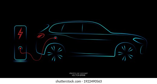 Electric SUV car with charging station by sketch line side view blue and red colors isolated on black background. Vector illustration.