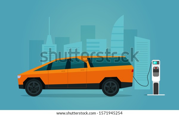 Electric SUV car isolated. Electric car is\
charging, side view. Vector flat\
illustration.