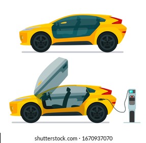Electric SUV car with open door. Electric car is charging, side view. Vector flat illustration.