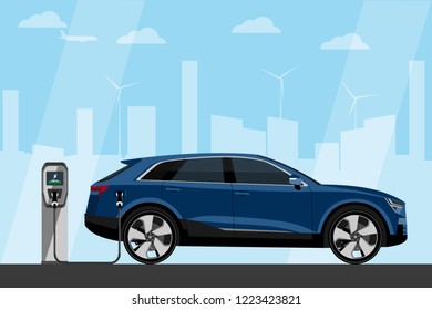 Electric SUV with charging station on a city street. Vector illustration EPS 10