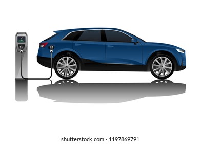 Electric SUV is charging from the charging station. Vector illustration EPS 10