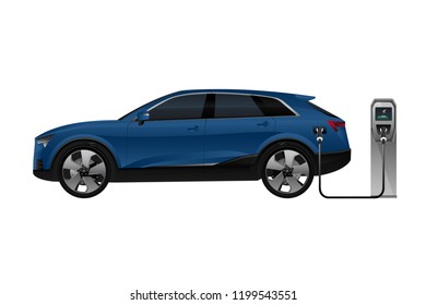 Electric SUV is charging from the charging station. Vector illustration EPS 10