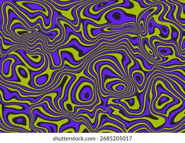 Padrão de redemoinho elétrico com linhas roxas vibrantes e verde-limão. Fundo psicodélico abstrato com um retro 90s op art efeito para cartazes ousados.