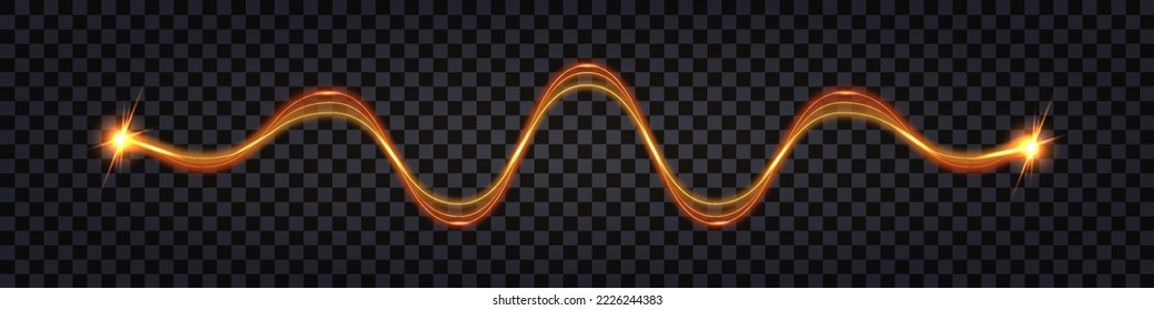 Elektrische Wirbelwelle, heller Lichteffekt und Donnerbolzen.goldgelber Laserstrahl.  Impulse-Entladungsschock, isoliertes Kabel, Cybertechnologie. Vektorgrafik