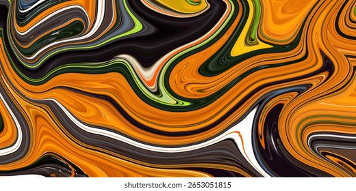 Electric swirls of orange, black, green, and white form a high-contrast abstract design. The bold curves and vivid tones create visual impact and artistic movement.
