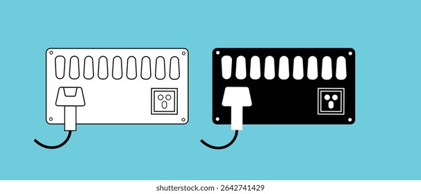 Ícone de vetor do Quadro do Comutador Elétrico. Ícone de vetor do Home Switch Board. Vetor do quadro de alternância Desenho de ícone de contorno em fundo azul. Plugue elétrico montado na parede e ícone de vetor de soquete.