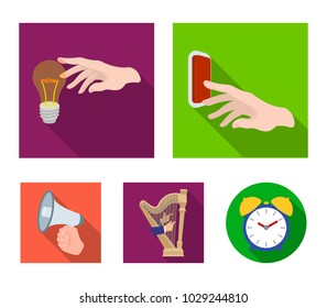 Electric switch button, incandescent lamp and other web icon in flat style. harp playing, Megaphone in hand icons in set collection.
