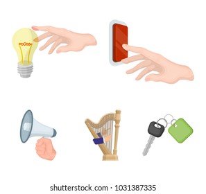 Electric switch button, incandescent lamp and other web icon in cartoon style. harp playing, Megaphone in hand icons in set collection.