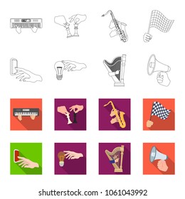 Electric switch button, incandescent lamp and other web icon in outline,flet style. harp playing, Megaphone in hand icons in set collection.