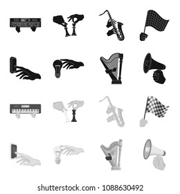Electric switch button, incandescent lamp and other web icon in black,monochrome style. harp playing, Megaphone in hand icons in set collection.