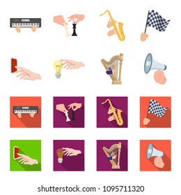 Electric switch button, incandescent lamp and other web icon in cartoon,flat style. harp playing, Megaphone in hand icons in set collection.