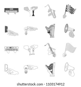 Electric switch button, incandescent lamp and other web icon in outline,monochrome style. harp playing, Megaphone in hand icons in set collection.