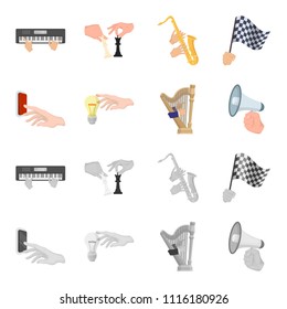 Electric switch button, incandescent lamp and other web icon in cartoon,monochrome style. harp playing, Megaphone in hand icons in set collection.