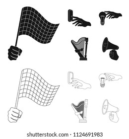 Electric switch button, incandescent lamp and other web icon in black,outline style. harp playing, Megaphone in hand icons in set collection.