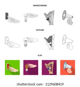 Electric switch button, incandescent lamp and other web icon in flat,outline,monochrome style. harp playing, Megaphone in hand icons in set collection.