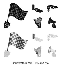 Electric switch button, incandescent lamp and other web icon in black,monochrome style. harp playing, Megaphone in hand icons in set collection.