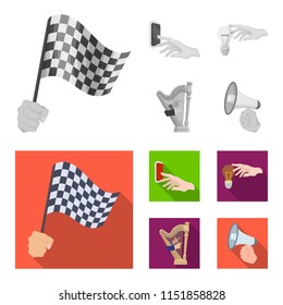 Electric switch button, incandescent lamp and other web icon in monochrome,flat style. harp playing, Megaphone in hand icons in set collection.