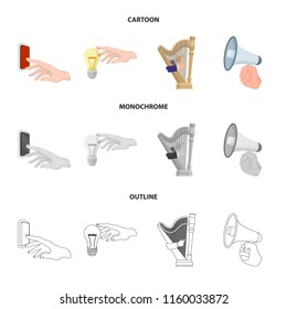 Electric switch button, incandescent lamp and other web icon in cartoon,outline,monochrome style. harp playing, Megaphone in hand icons in set collection.