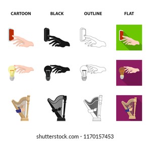 Electric switch button, incandescent lamp and other web icon in cartoon,black,outline,flat style. harp playing, Megaphone in hand icons in set collection.
