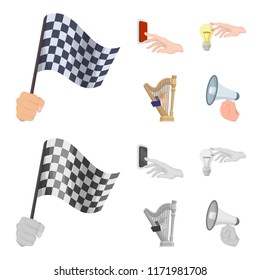 Electric switch button, incandescent lamp and other web icon in cartoon,monochrome style. harp playing, Megaphone in hand icons in set collection.