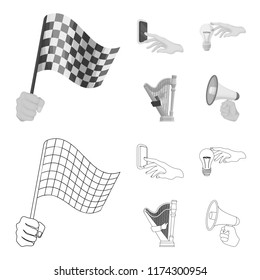 Electric switch button, incandescent lamp and other web icon in outline,monochrome style. harp playing, Megaphone in hand icons in set collection.