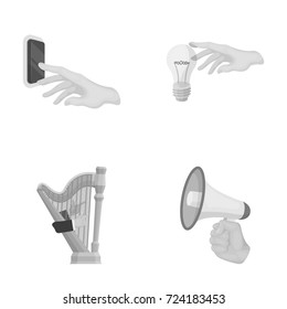 Electric switch button, incandescent lamp and other web icon in monochrome style. harp playing, Megaphone in hand icons in set collection.