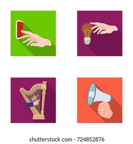 Electric switch button, incandescent lamp and other web icon in flat style. harp playing, Megaphone in hand icons in set collection.