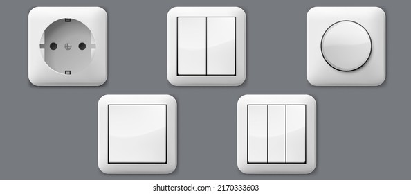 Electric switch and extension vector outlet for electric plugs and electricity illustration. Set of different types of power isolated sockets and switchers.