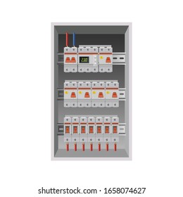 Electric switchboard. Distribution board. Electrical power switch panel. Electricity equipment. Vector illustration isolated on white background