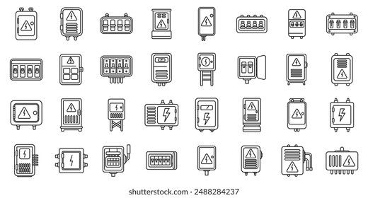 Electric switchboard icons set. Large set of simple electrical cabinet icons featuring various designs and warning signs, ideal for electricians and safety presentations