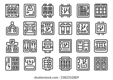 Electric switchboard icons set outline vector. Engineer work. Power industrial fuse